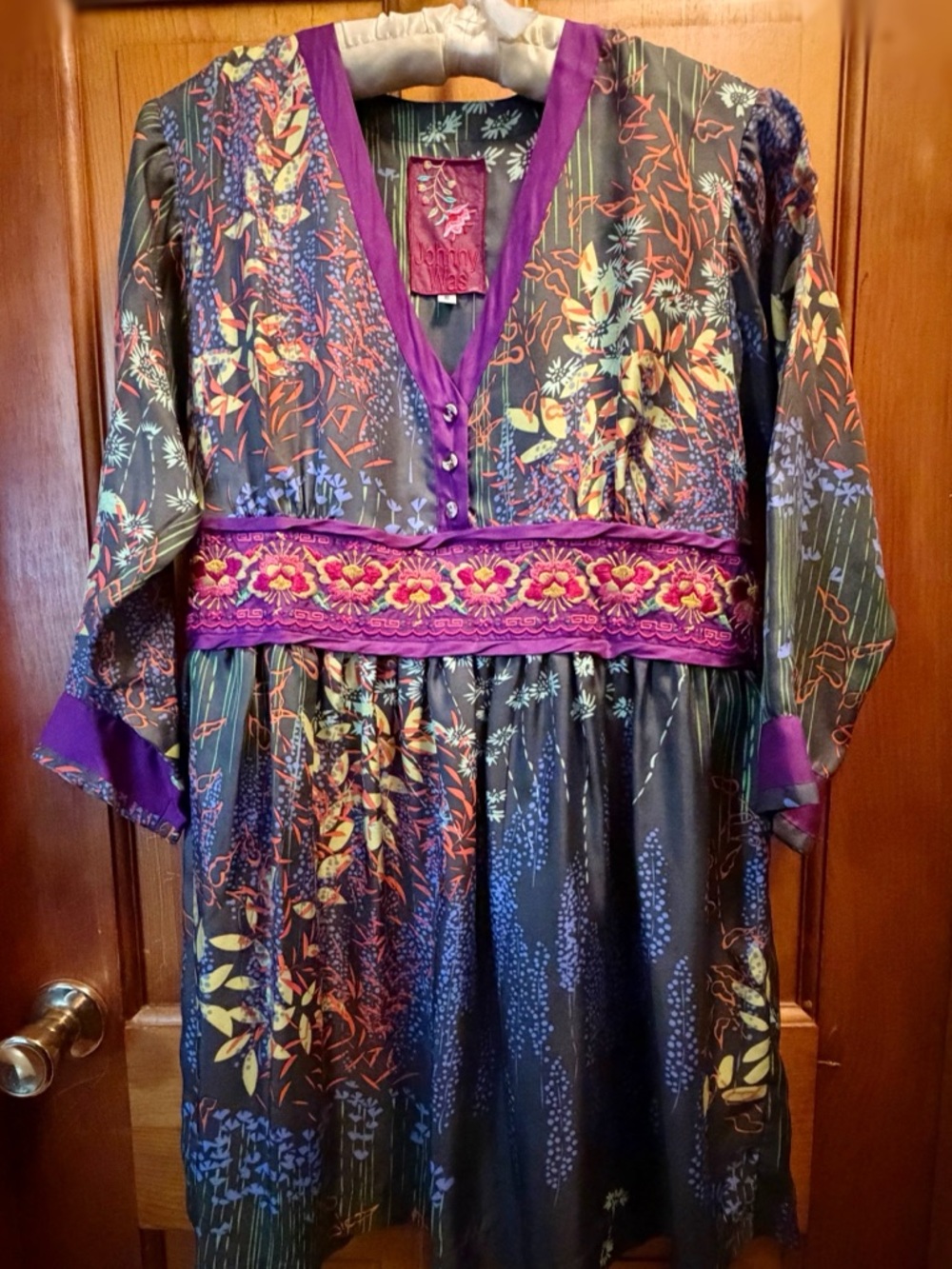 Johnny Was~Multicolor Floral V-Neck Blouse with Purple Trim~Size S~NWT~